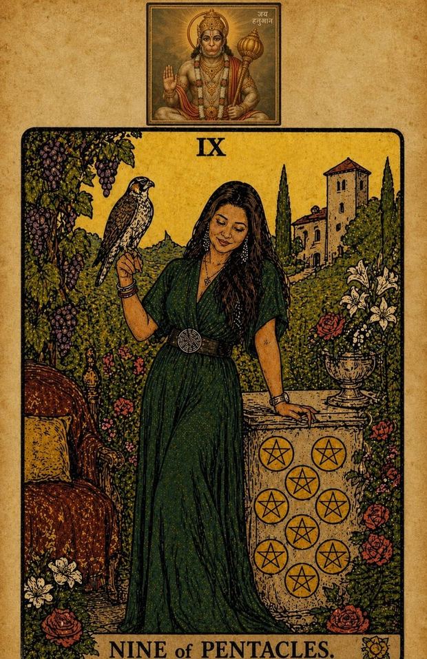 Nine of Pentacles tarot card illustrated with Hanuman above